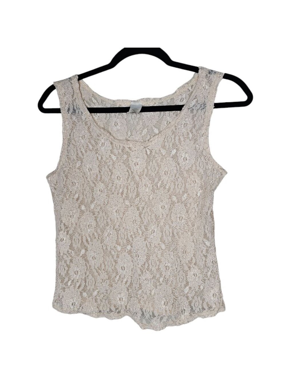 VTG Sears S Cream Floral Mesh Lace Crop Tank Top Cottage Coquette Fairy Sheer